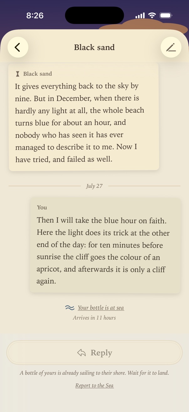 A correspondence in the journal: a letter from a stranger the reader has privately named Black sand, the reply underneath, and a note saying a bottle of theirs is still at sea.
